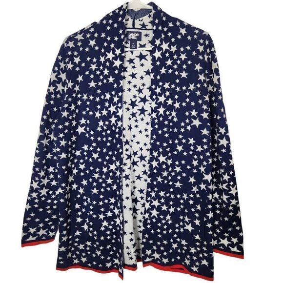Lands' End Women's Cotton Open Long Cardigan Sweater blue stars medium - Picture 1 of 6